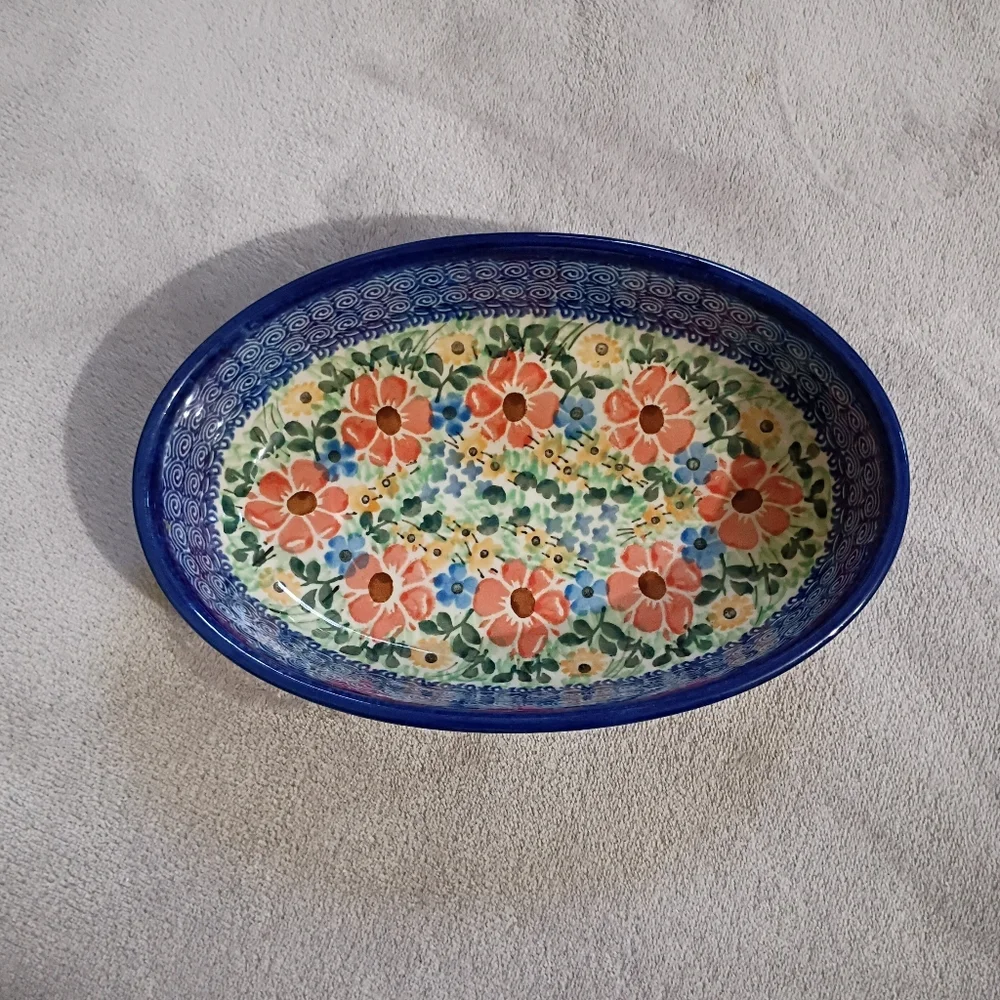 Polish Pottery Ceramika Artystyczna Blue Floral 8 In Oval Stoneware Baker